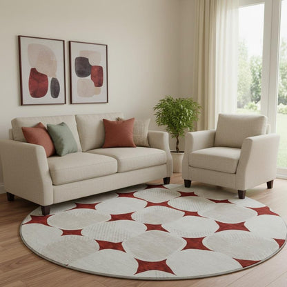 8' Burgundy And Ivory Abstract Geometric Washable Round Rug With UV Protection