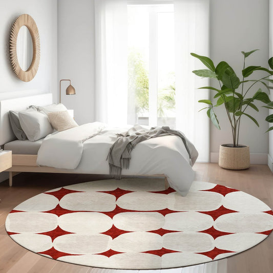 8' Burgundy And Ivory Abstract Geometric Washable Round Rug With UV Protection