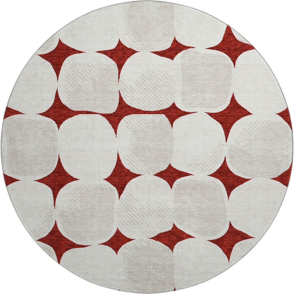 8' Burgundy And Ivory Abstract Geometric Washable Round Rug With UV Protection