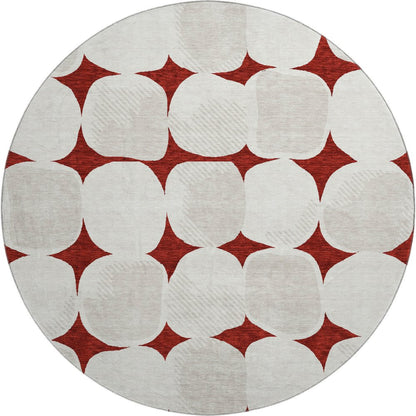 8' Burgundy And Ivory Abstract Geometric Washable Round Rug With UV Protection