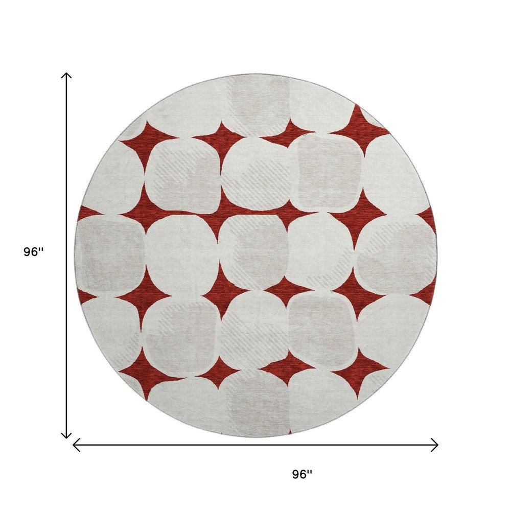 8' Burgundy And Ivory Abstract Geometric Washable Round Rug With UV Protection