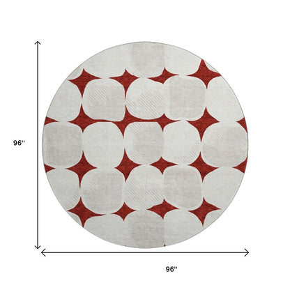 8' Burgundy And Ivory Abstract Geometric Washable Round Rug With UV Protection