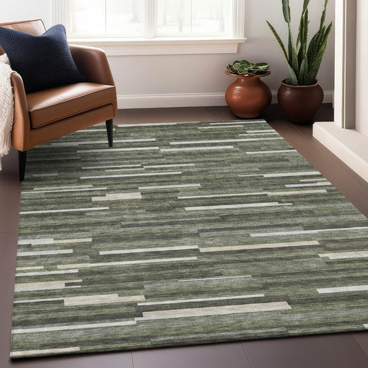 8' X 10' Olive Green Ivory And Gray Striped Washable Area Rug With UV Protection
