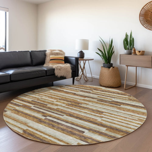 8' Rust Ivory And Beige Striped Washable Round Rug With UV Protection