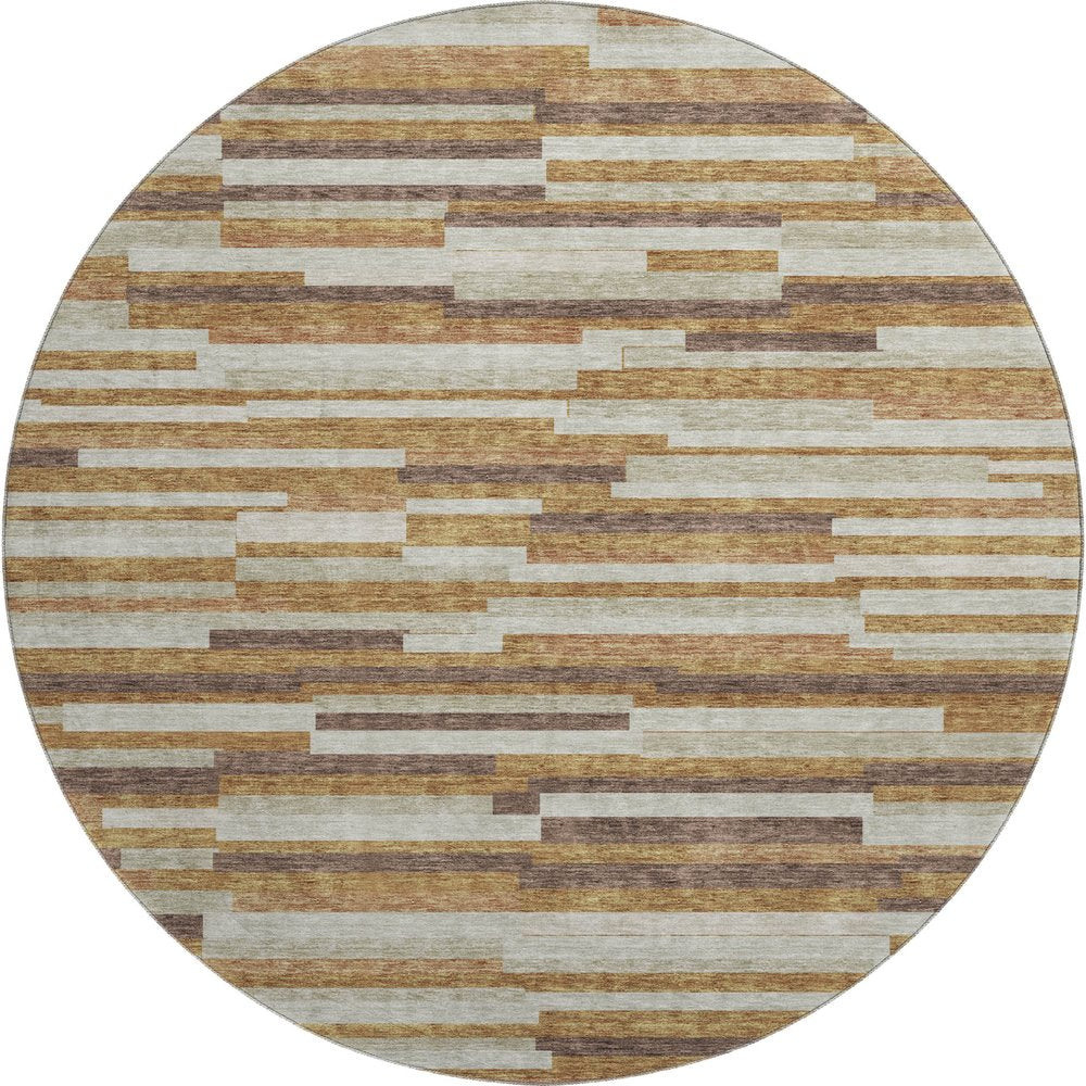 8' Rust Ivory And Beige Striped Washable Round Rug With UV Protection