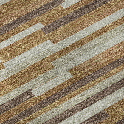 8' Rust Ivory And Beige Striped Washable Round Rug With UV Protection