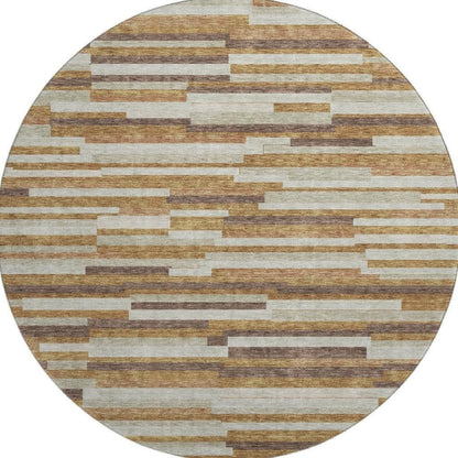 8' Rust Ivory And Beige Striped Washable Round Rug With UV Protection