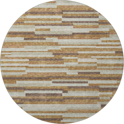 8' Rust Ivory And Beige Striped Washable Round Rug With UV Protection