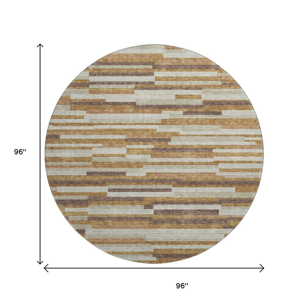 8' Rust Ivory And Beige Striped Washable Round Rug With UV Protection