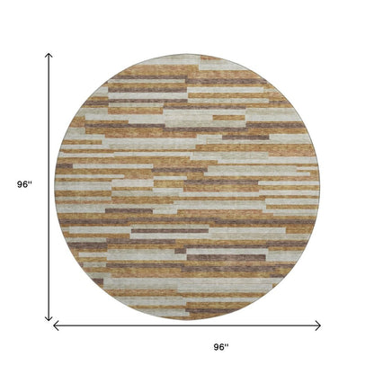 8' Rust Ivory And Beige Striped Washable Round Rug With UV Protection