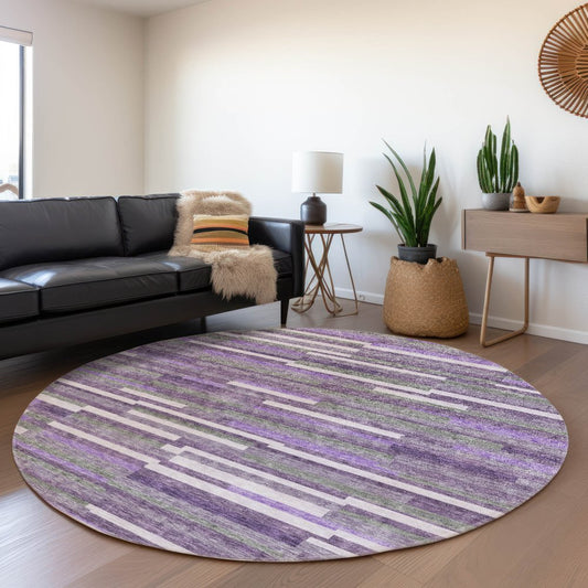 8' Purple Ivory And Gray Striped Washable Round Rug With UV Protection