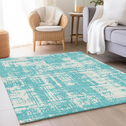 8' X 10' Aqua And Ivory Abstract Washable Area Rug With UV Protection