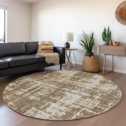 8' Brown And Beige Abstract Washable Round Rug With UV Protection