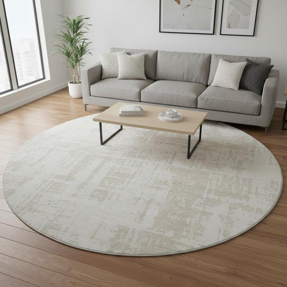 8' Ivory And Beige Abstract Washable Round Rug With UV Protection