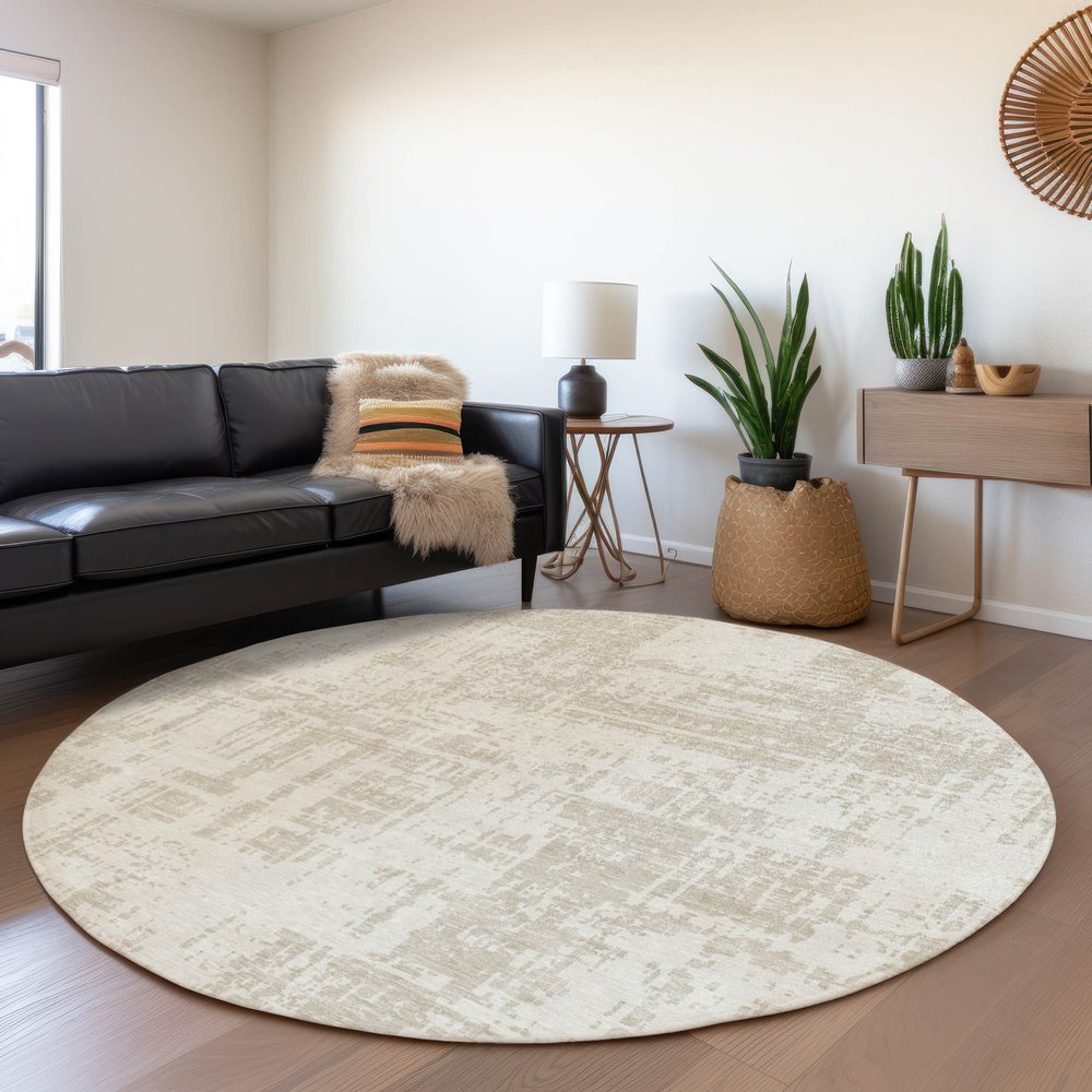 8' Ivory And Beige Abstract Washable Round Rug With UV Protection