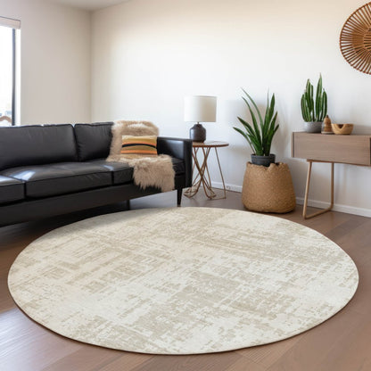 8' Ivory And Beige Abstract Washable Round Rug With UV Protection
