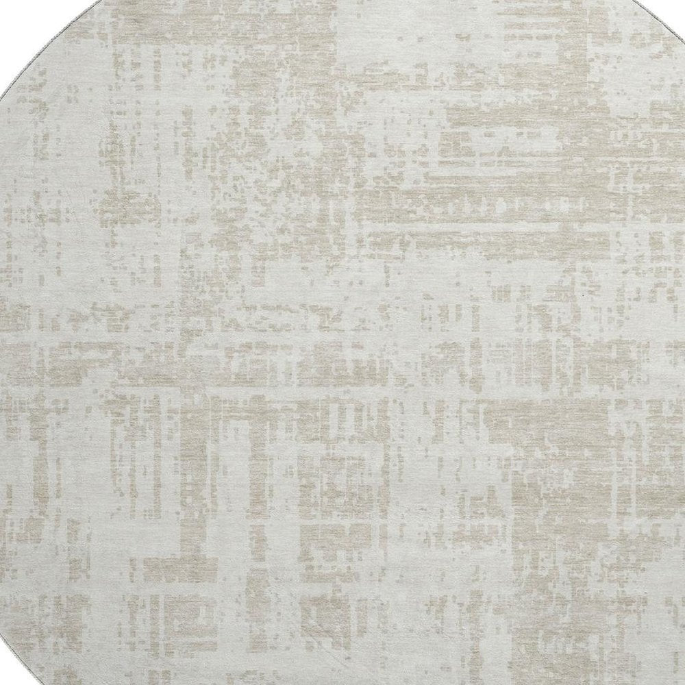 8' Ivory And Beige Abstract Washable Round Rug With UV Protection