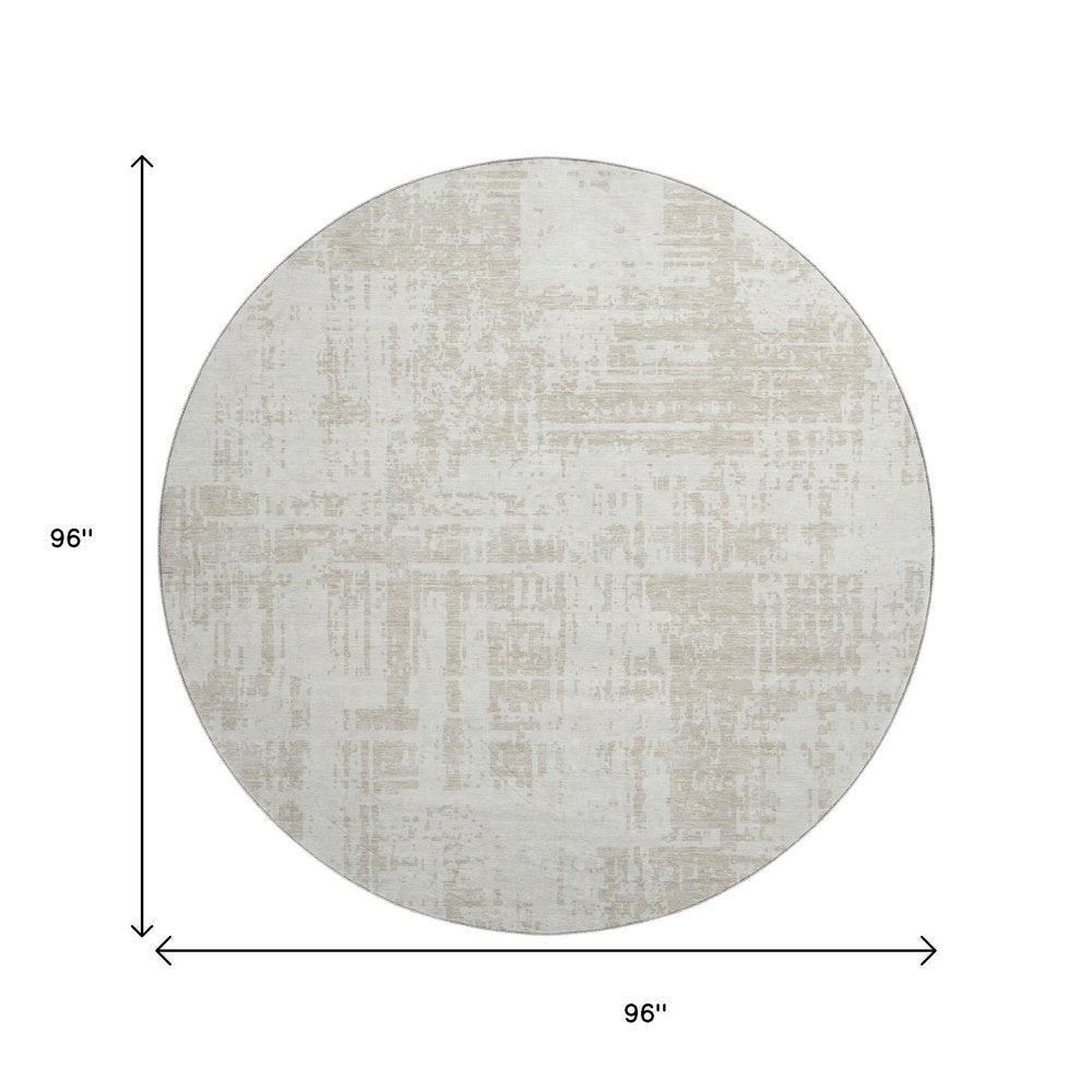 8' Ivory And Beige Abstract Washable Round Rug With UV Protection
