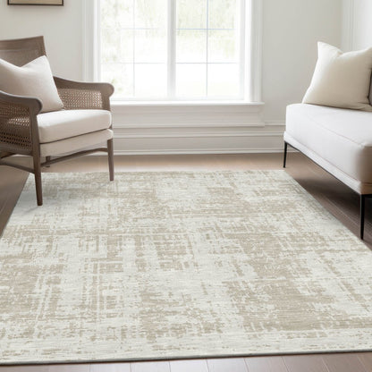 8' X 10' Ivory And Beige Abstract Washable Area Rug With UV Protection