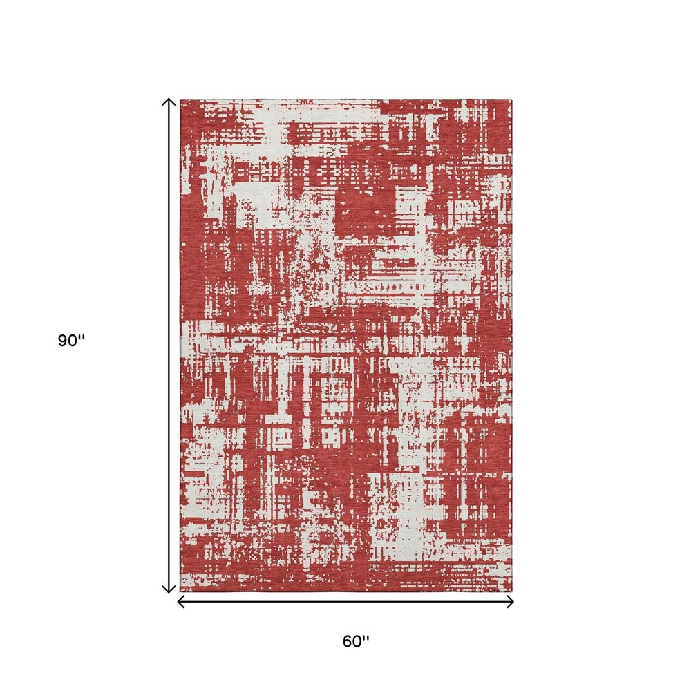 5' X 8' Red And Ivory Abstract Washable Area Rug With UV Protection