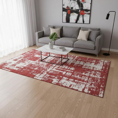 5' X 8' Red And Ivory Abstract Washable Area Rug With UV Protection