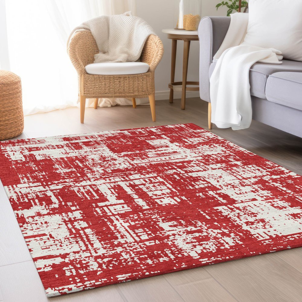 5' X 8' Red And Ivory Abstract Washable Area Rug With UV Protection