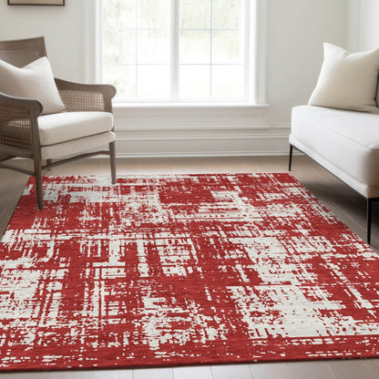 5' X 8' Red And Ivory Abstract Washable Area Rug With UV Protection