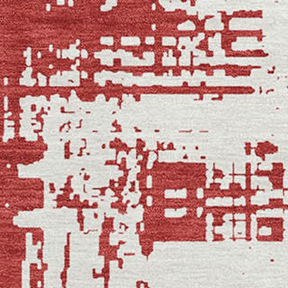 5' X 8' Red And Ivory Abstract Washable Area Rug With UV Protection