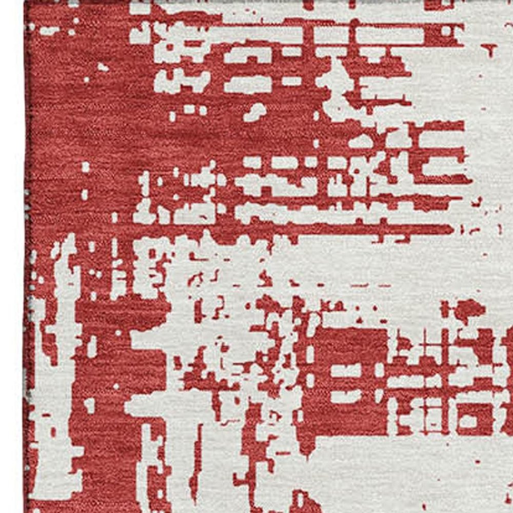 5' X 8' Red And Ivory Abstract Washable Area Rug With UV Protection