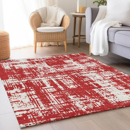 8' X 10' Red And Ivory Abstract Washable Area Rug With UV Protection