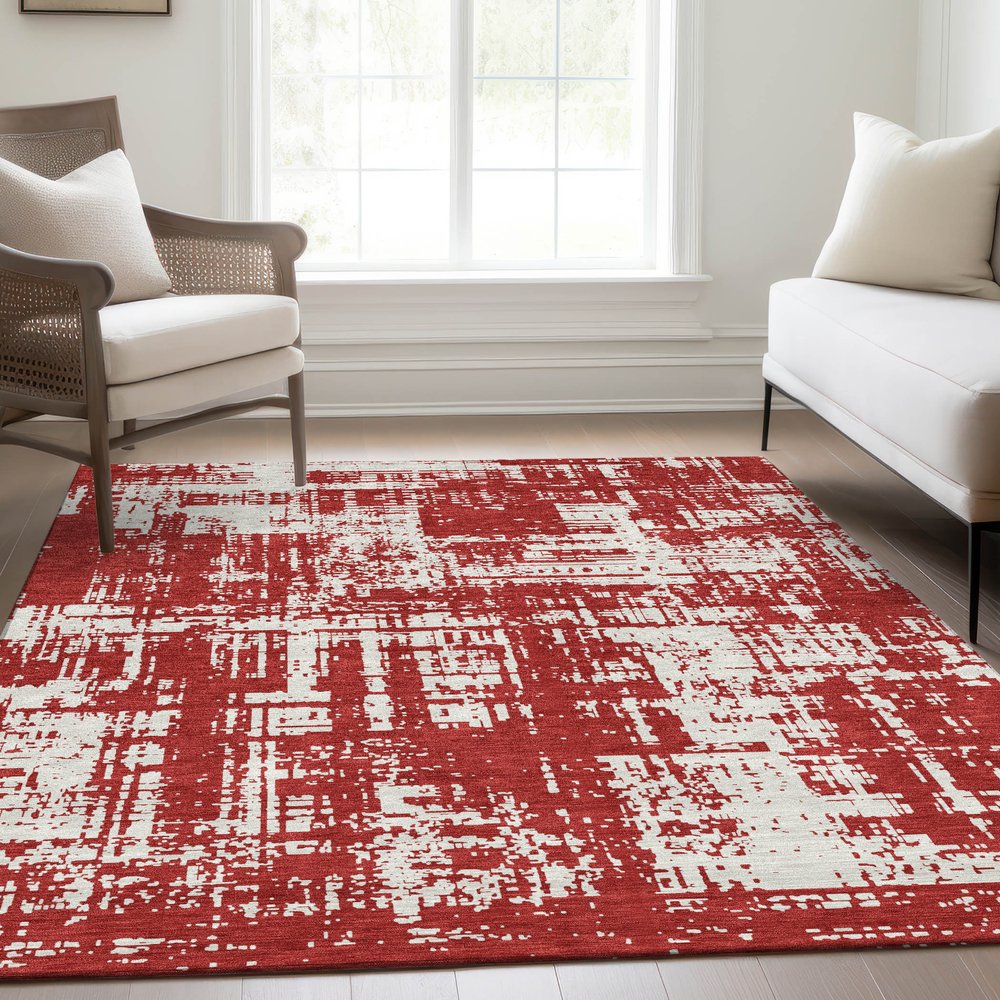 8' X 10' Red And Ivory Abstract Washable Area Rug With UV Protection