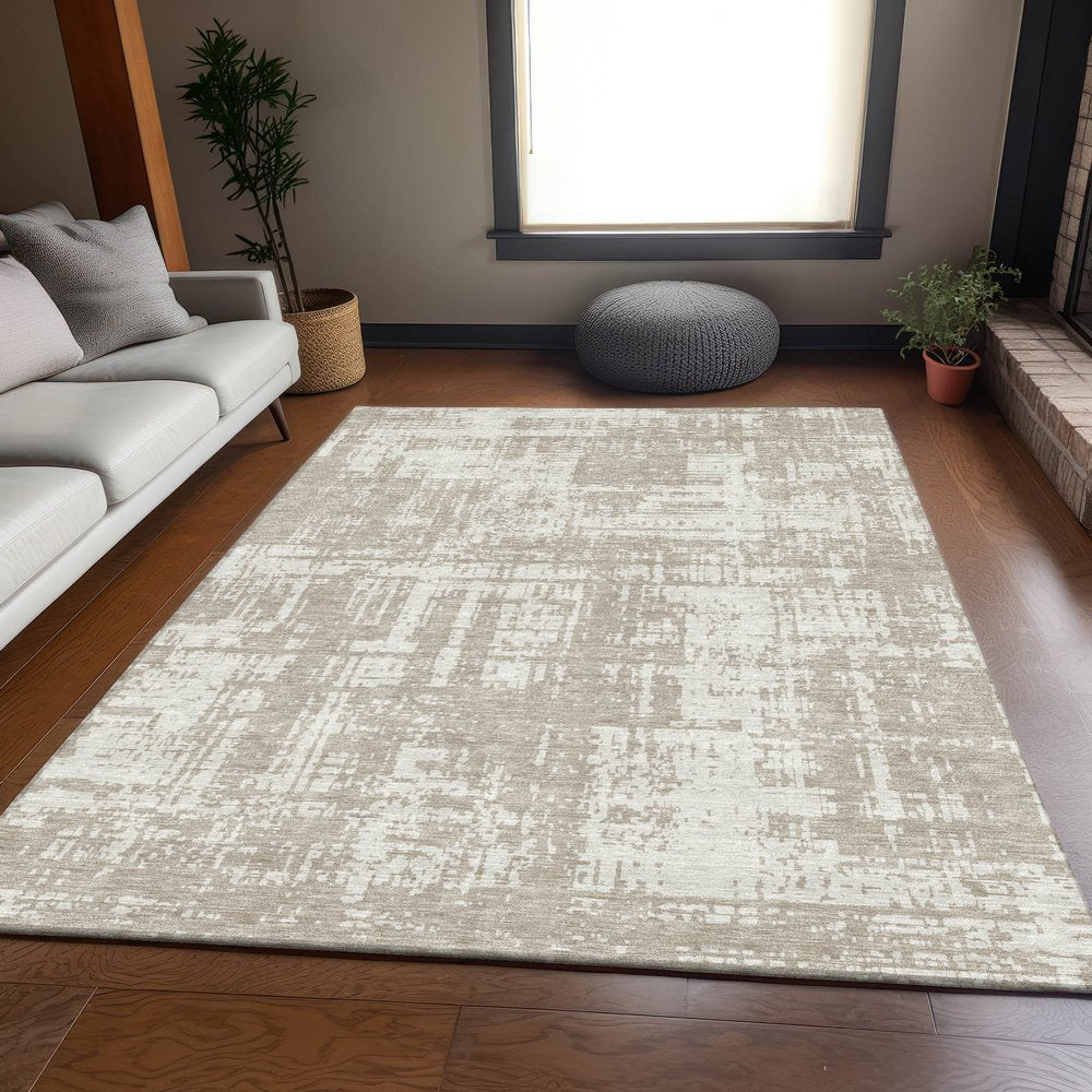 5' X 8' Taupe And Beige Abstract Washable Area Rug With UV Protection