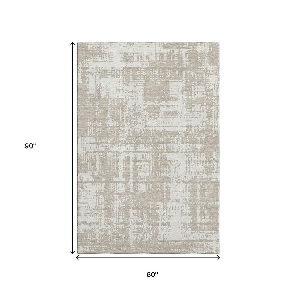 5' X 8' Taupe And Beige Abstract Washable Area Rug With UV Protection