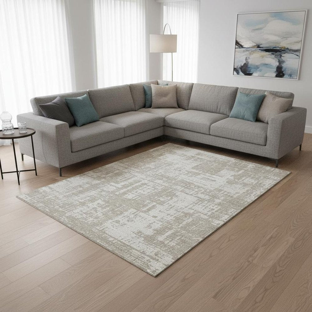 8' X 10' Taupe And Beige Abstract Washable Area Rug With UV Protection