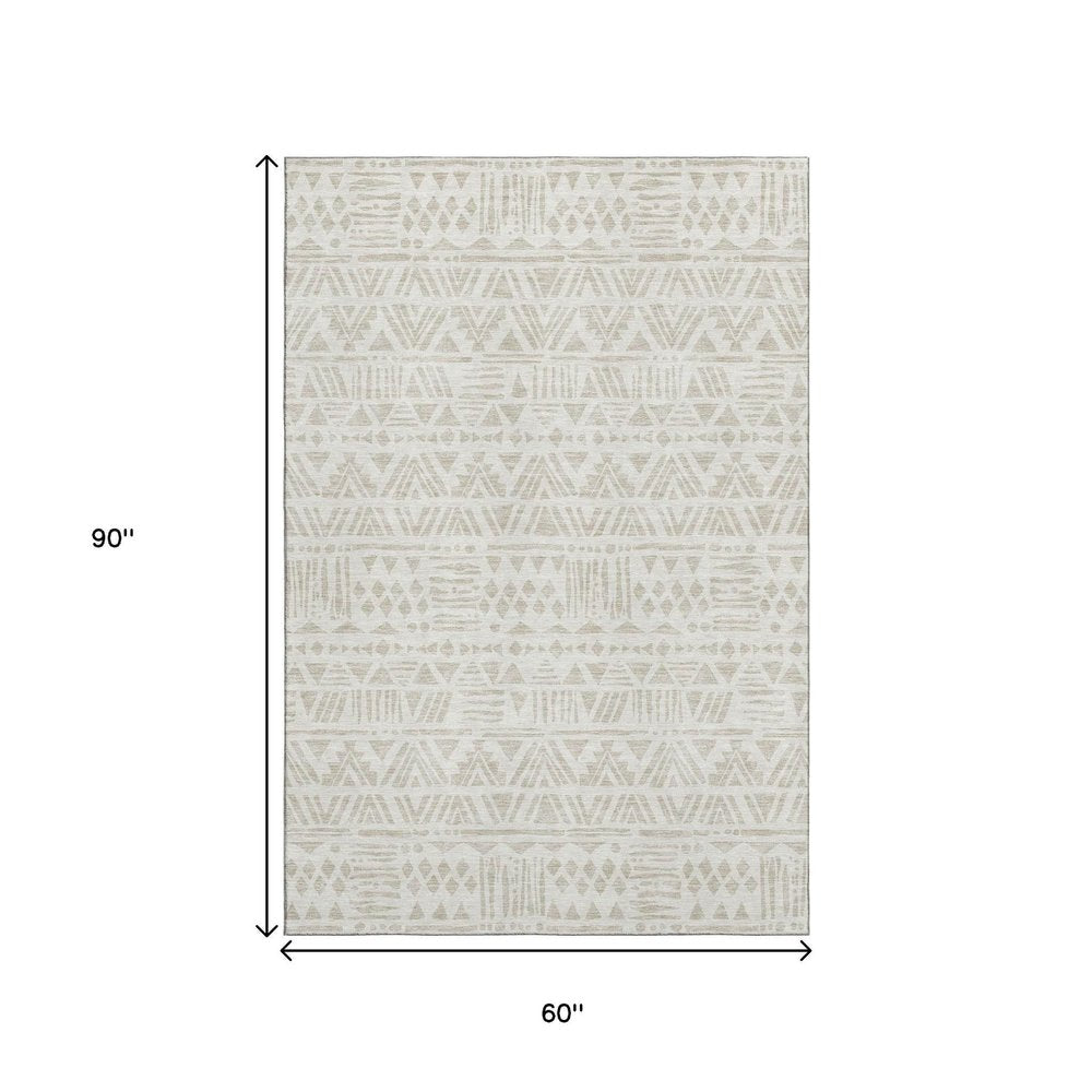 5' X 8' Ivory And Beige Southwestern Washable Area Rug With UV Protection