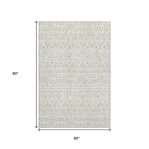 5' X 8' Ivory And Beige Southwestern Washable Area Rug With UV Protection