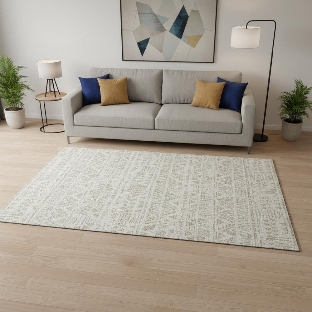 5' X 8' Ivory And Beige Southwestern Washable Area Rug With UV Protection