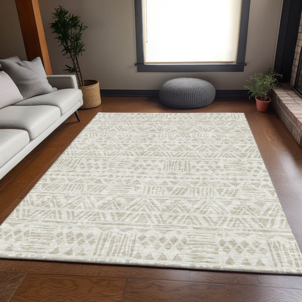 5' X 8' Ivory And Beige Southwestern Washable Area Rug With UV Protection