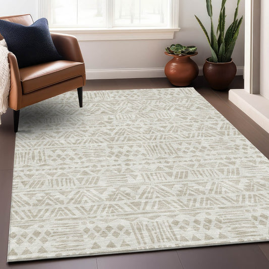 8' X 10' Ivory And Beige Southwestern Washable Area Rug With UV Protection