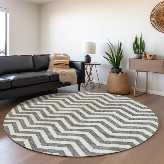 8' Gray And Ivory Chevron Washable Round Rug With UV Protection