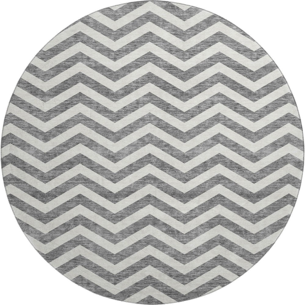 8' Gray And Ivory Chevron Washable Round Rug With UV Protection