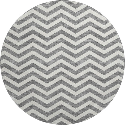 8' Gray And Ivory Chevron Washable Round Rug With UV Protection