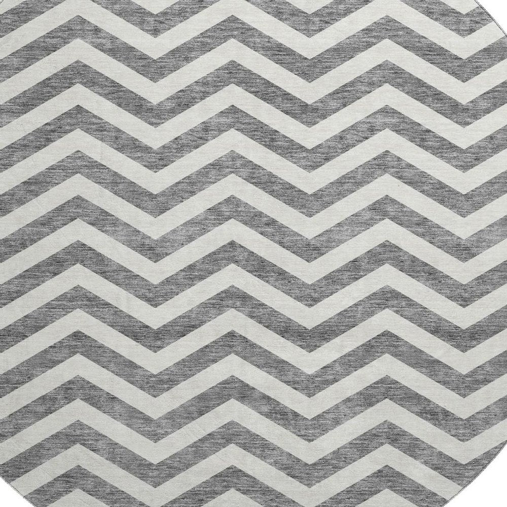 8' Gray And Ivory Chevron Washable Round Rug With UV Protection