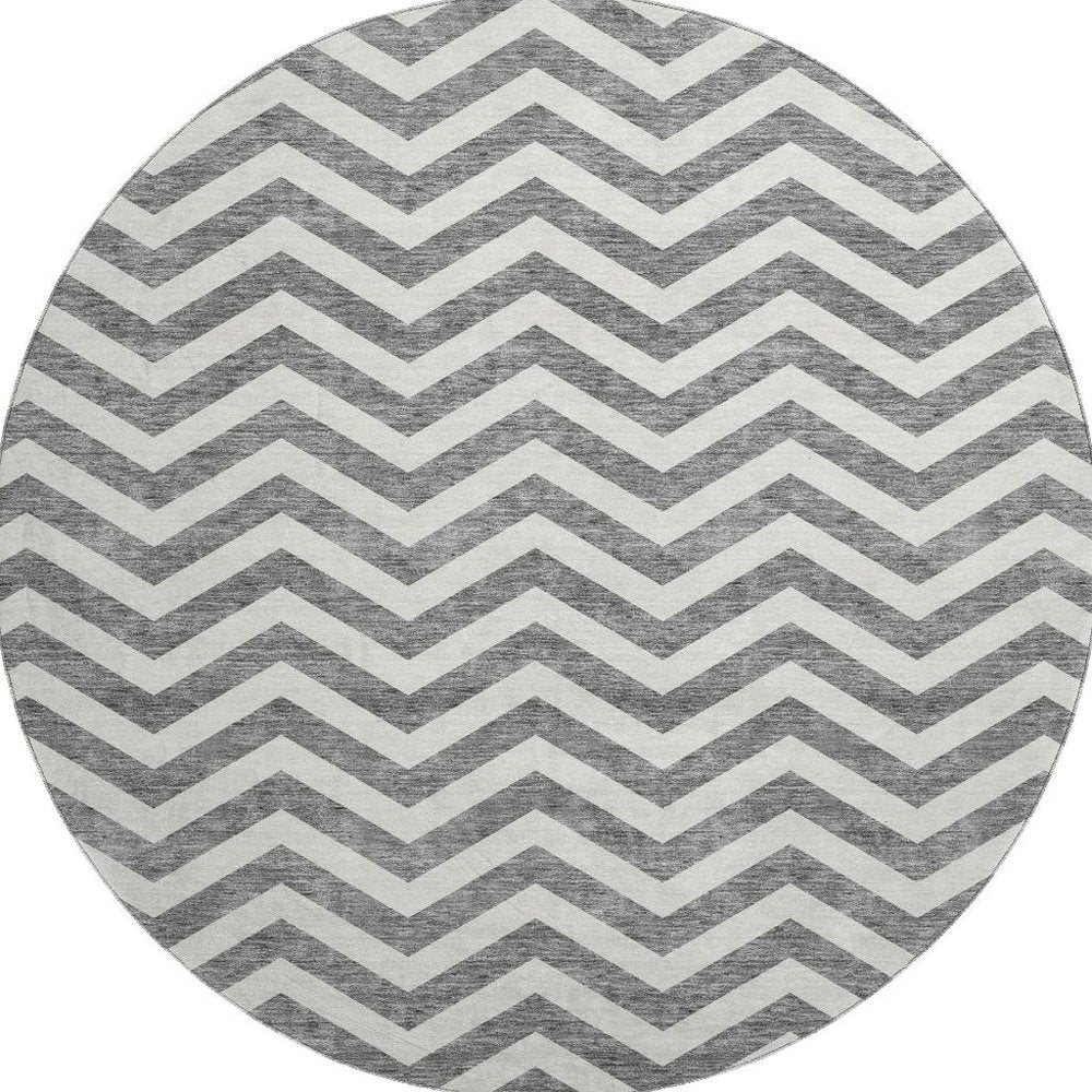 8' Gray And Ivory Chevron Washable Round Rug With UV Protection