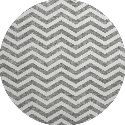 8' Gray And Ivory Chevron Washable Round Rug With UV Protection