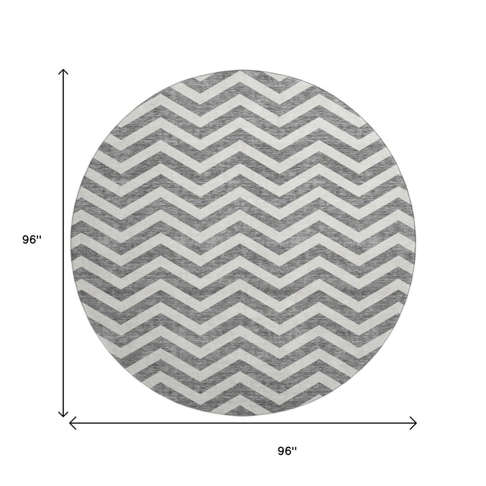 8' Gray And Ivory Chevron Washable Round Rug With UV Protection