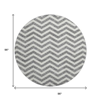 8' Gray And Ivory Chevron Washable Round Rug With UV Protection