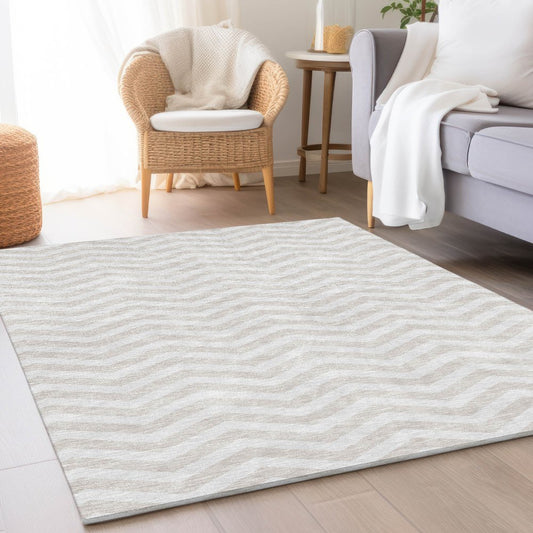 8' X 10' Ivory And Beige Chevron Washable Area Rug With UV Protection