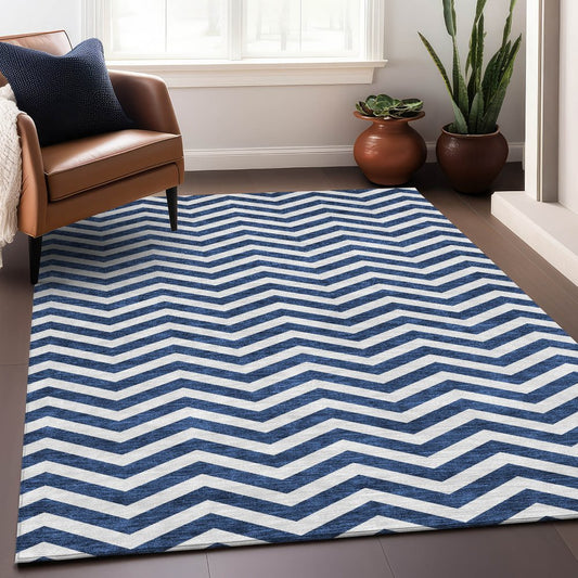 8' X 10' Navy Blue And Ivory Chevron Washable Area Rug With UV Protection