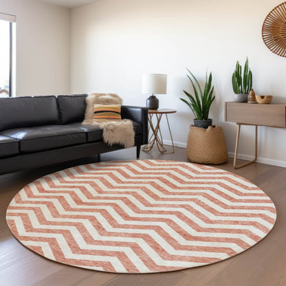 8' Salmon And Ivory Chevron Washable Round Rug With UV Protection